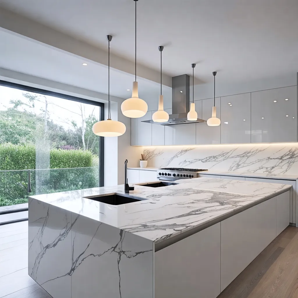 Cocina moderna y elegante con encimera de mármol y lámparas colgantes.