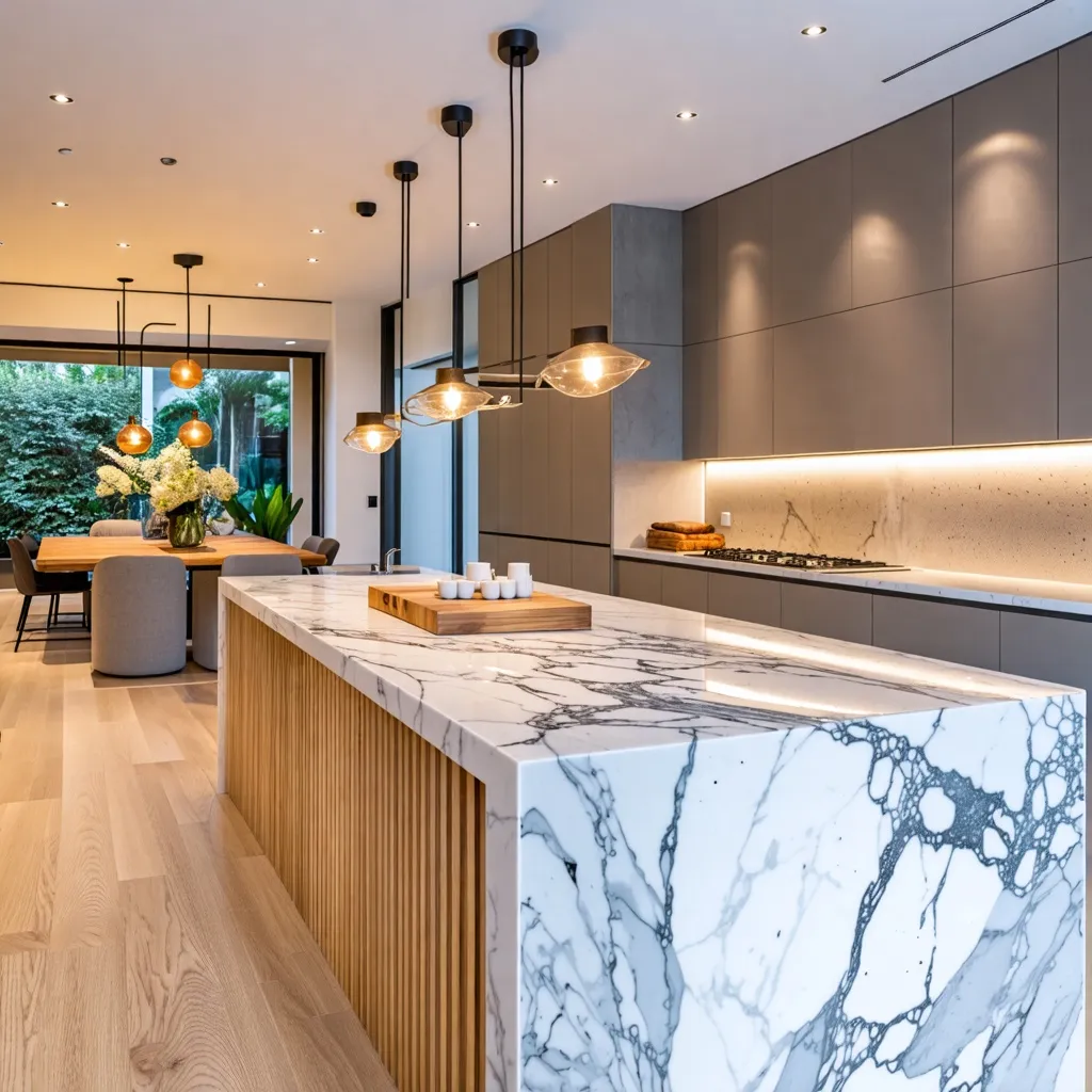 Cocina moderna y elegante con detalles de mármol y madera.