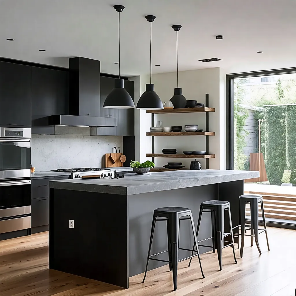 Cocina moderna y elegante con muebles negros y estantes de madera.