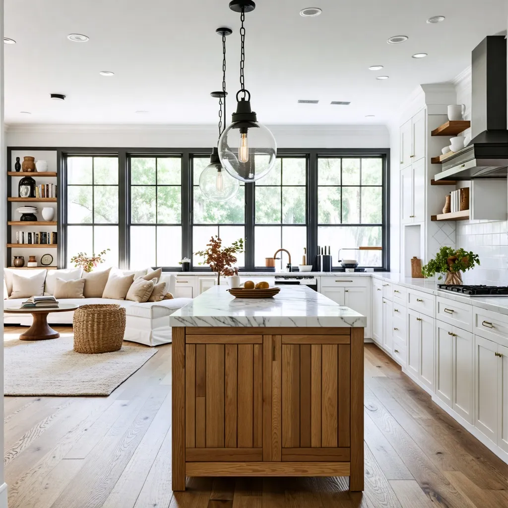 Cocina moderna y luminosa con detalles de madera y mármol.