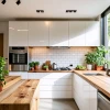 Cocina moderna y luminosa con detalles de madera y plantas.