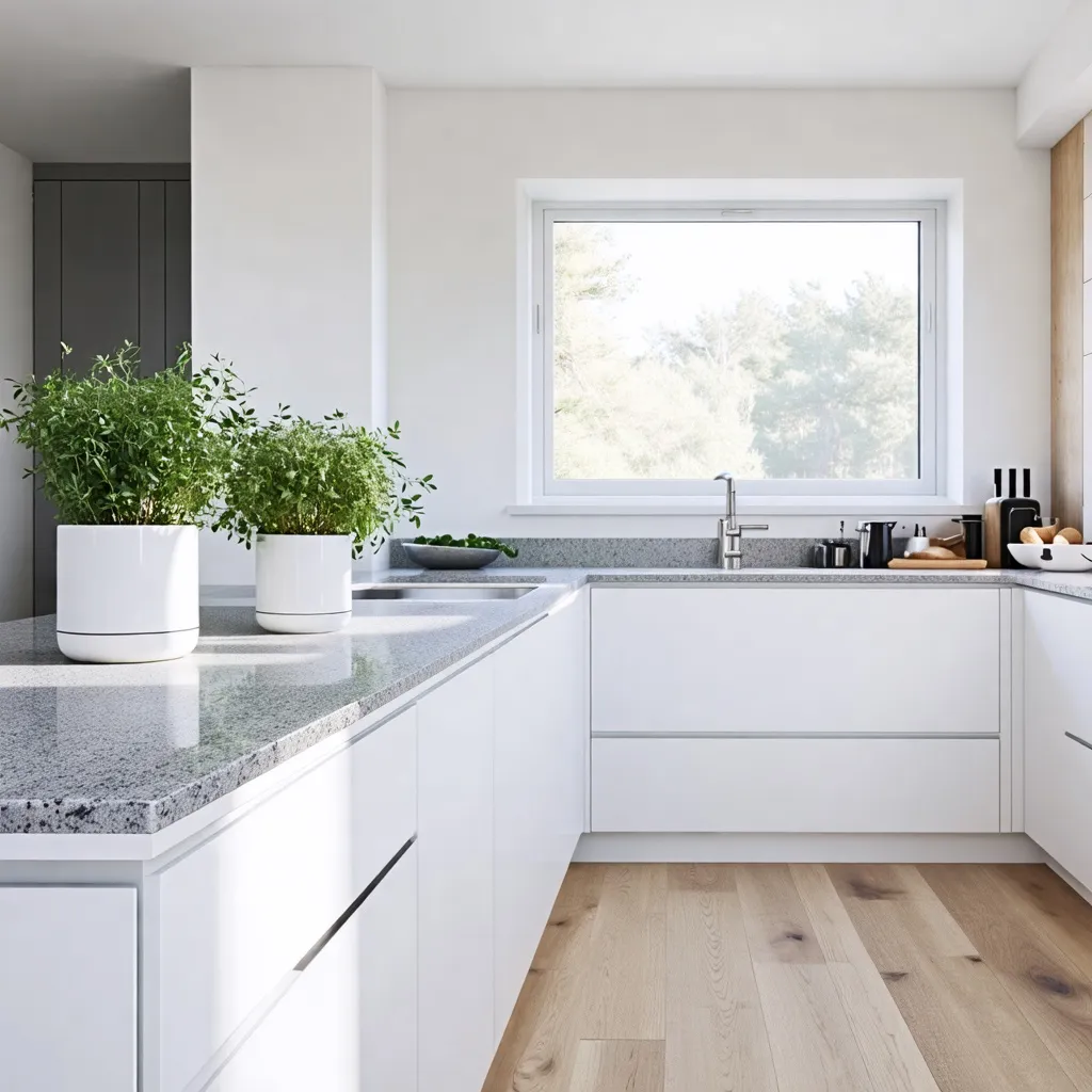 Cocina moderna y luminosa con detalles naturales.