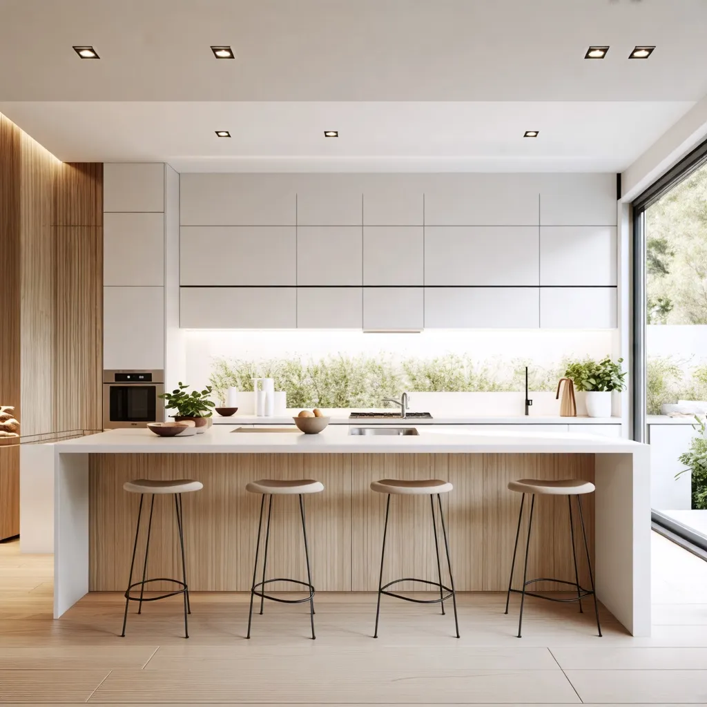 Cocina moderna y luminosa con detalles naturales y elegantes.