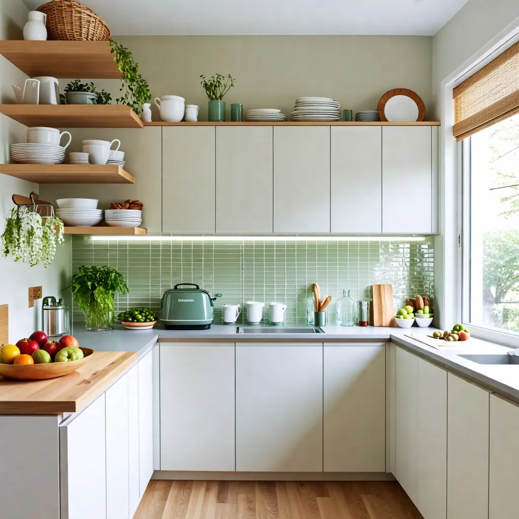Cocina moderna y luminosa con detalles naturales y sostenibles.