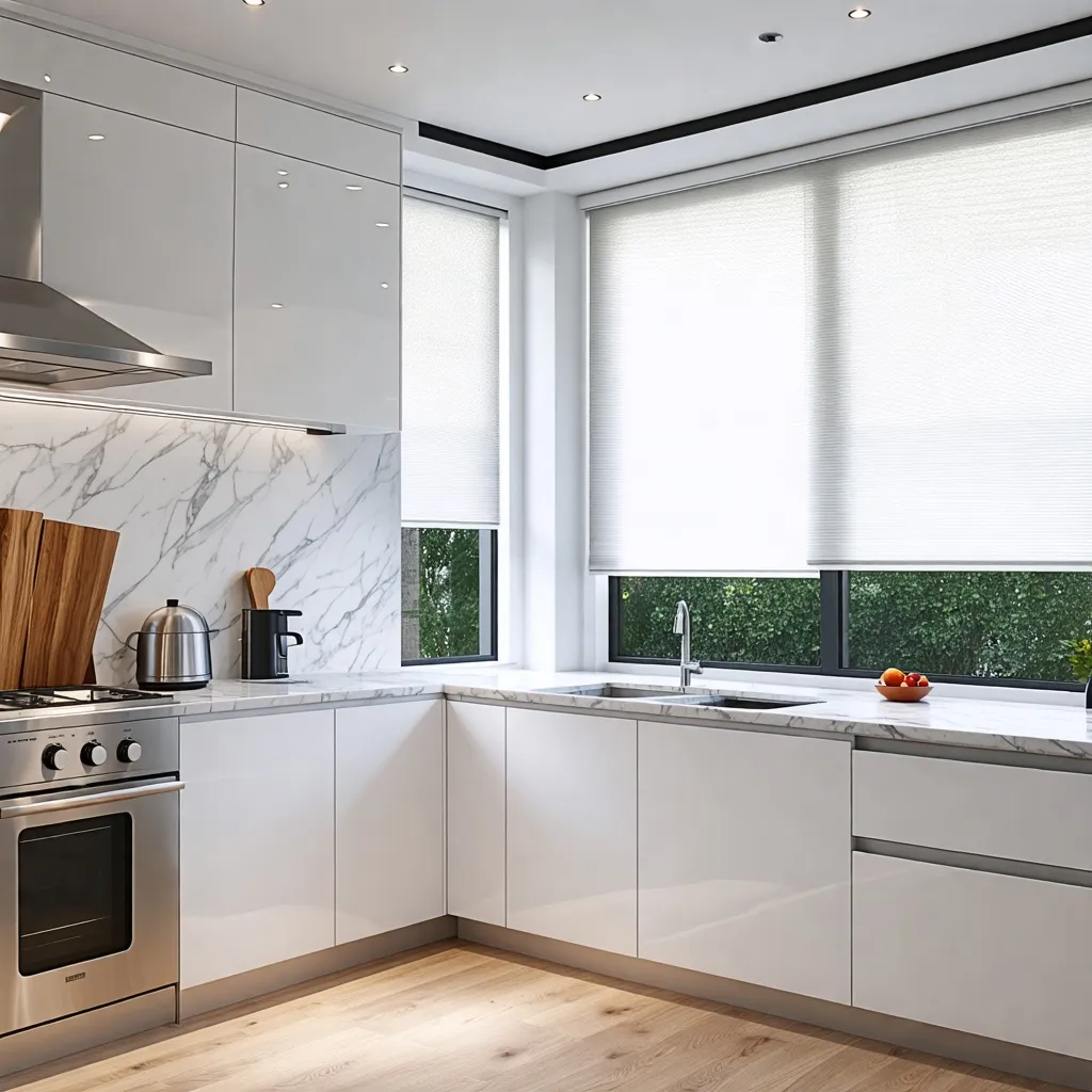Cocina moderna y luminosa con acabados de mármol y vistas al exterior.