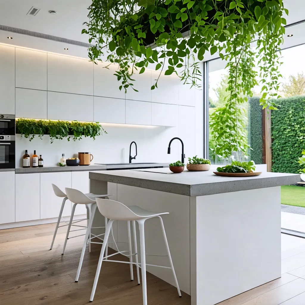 Cocina moderna y luminosa con toques naturales y elegantes.