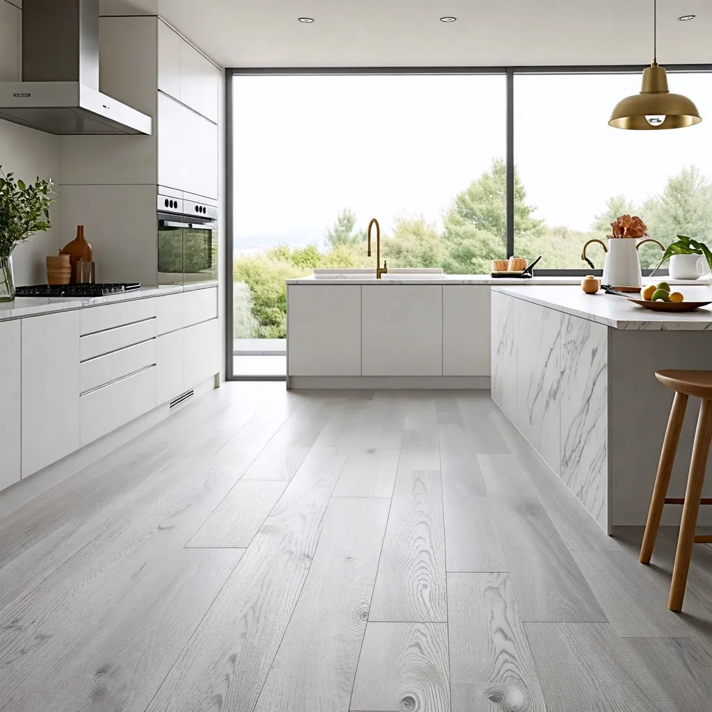 Cocina moderna y luminosa con vista a la naturaleza.