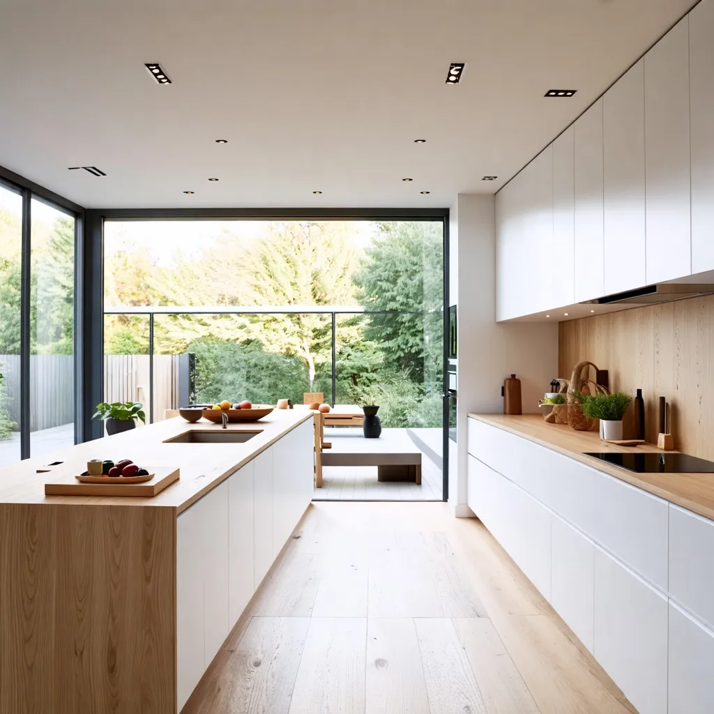 Cocina moderna y luminosa con vistas al bosque.