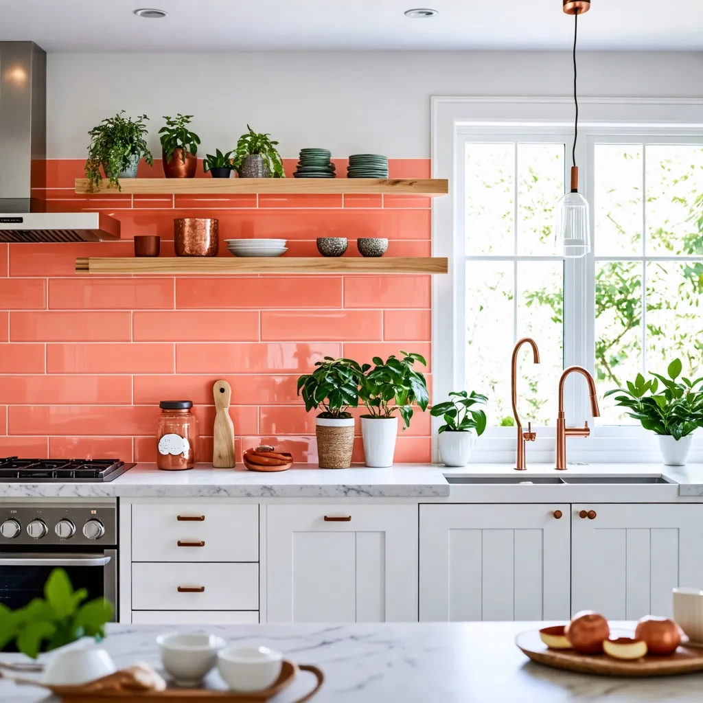 Cocina moderna y natural con detalles en coral y madera.