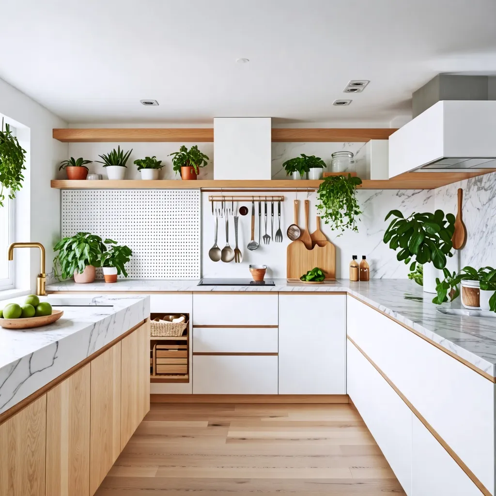 Cocina moderna y natural con detalles de madera y plantas.