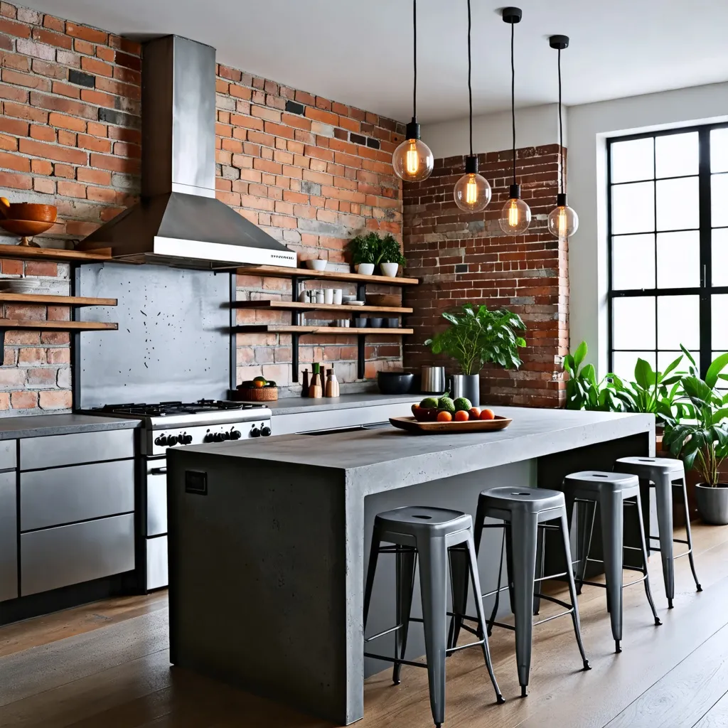 Cocina moderna con paredes de ladrillo y detalles industriales.