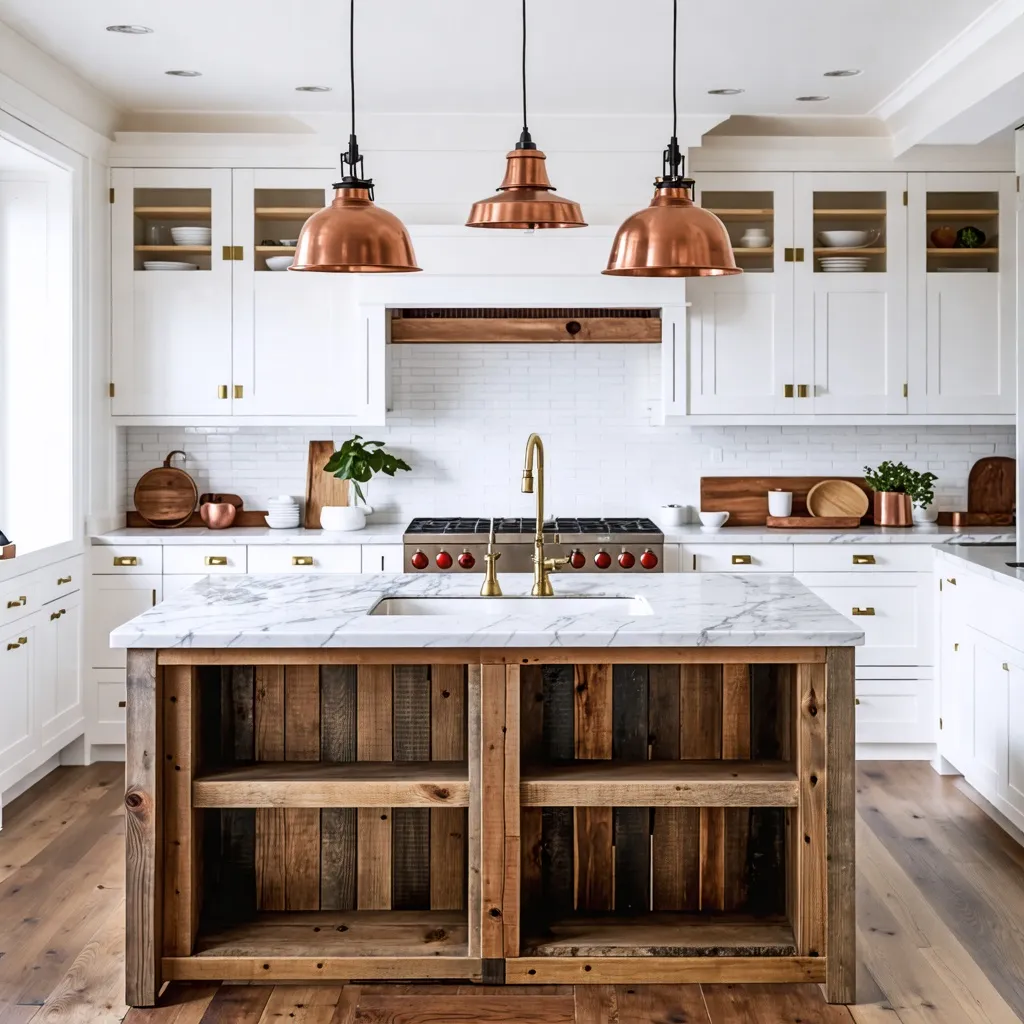 Cocina moderna y rústica con detalles de cobre y madera.