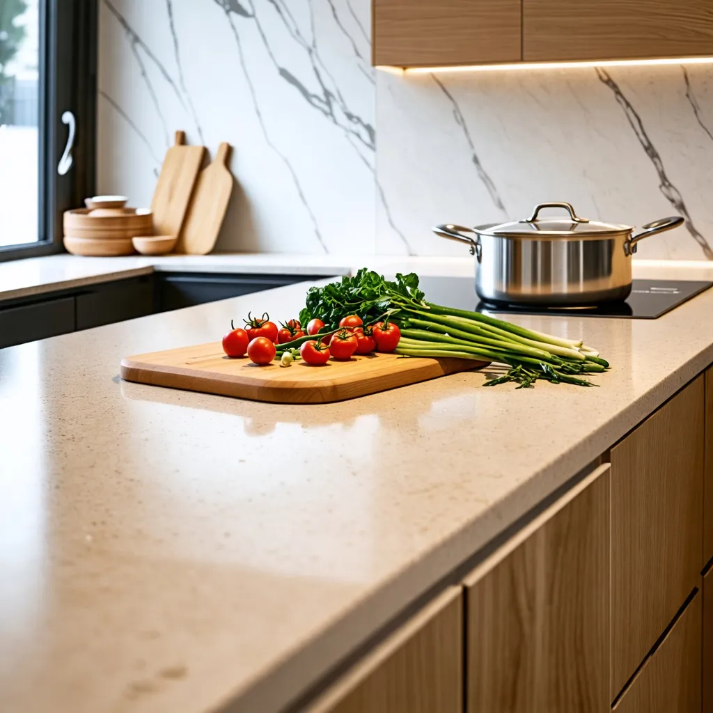 Cocina moderna y saludable, con ingredientes frescos y listos para cocinar.
