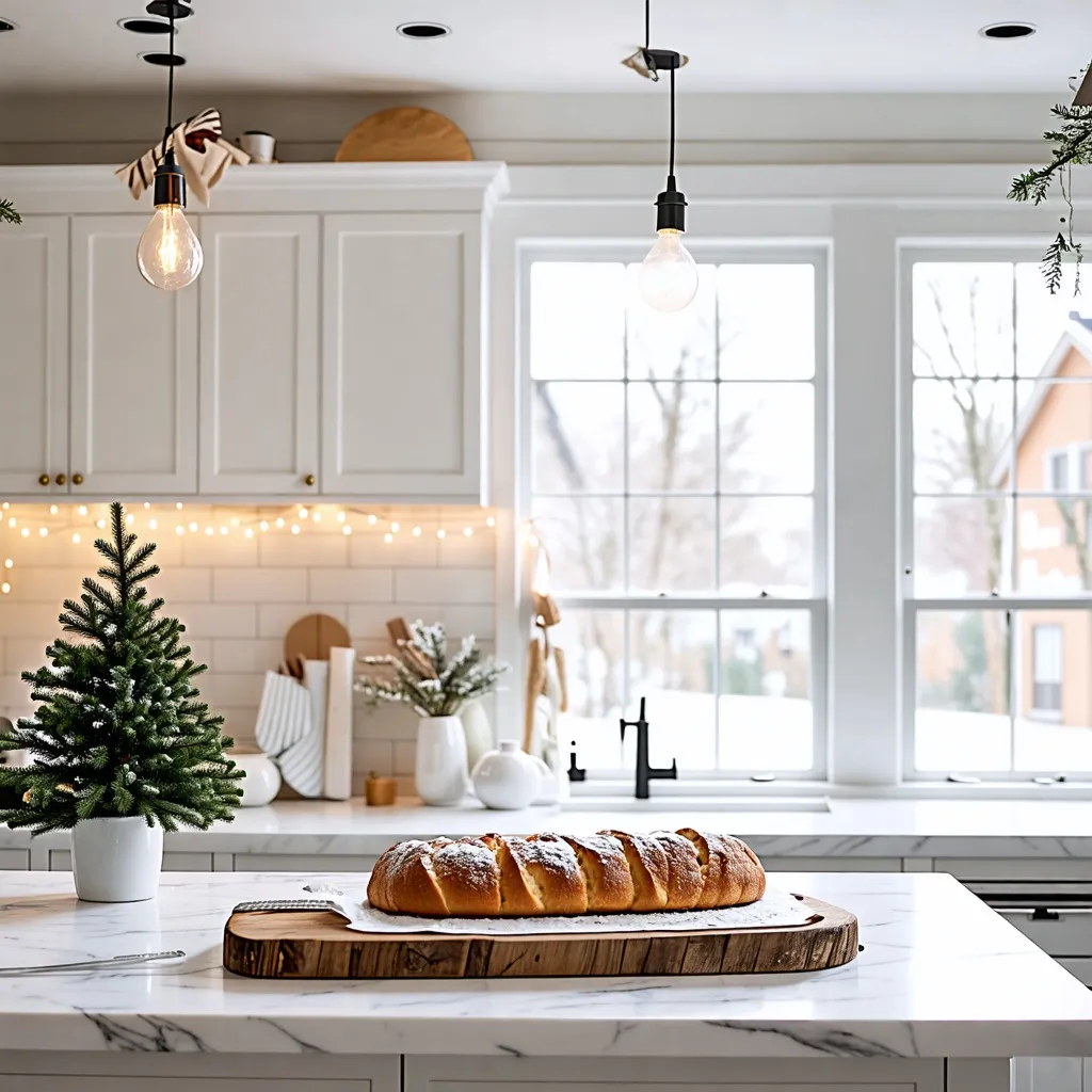 Cocina navideña acogedora con pan recién horneado y detalles festivos.