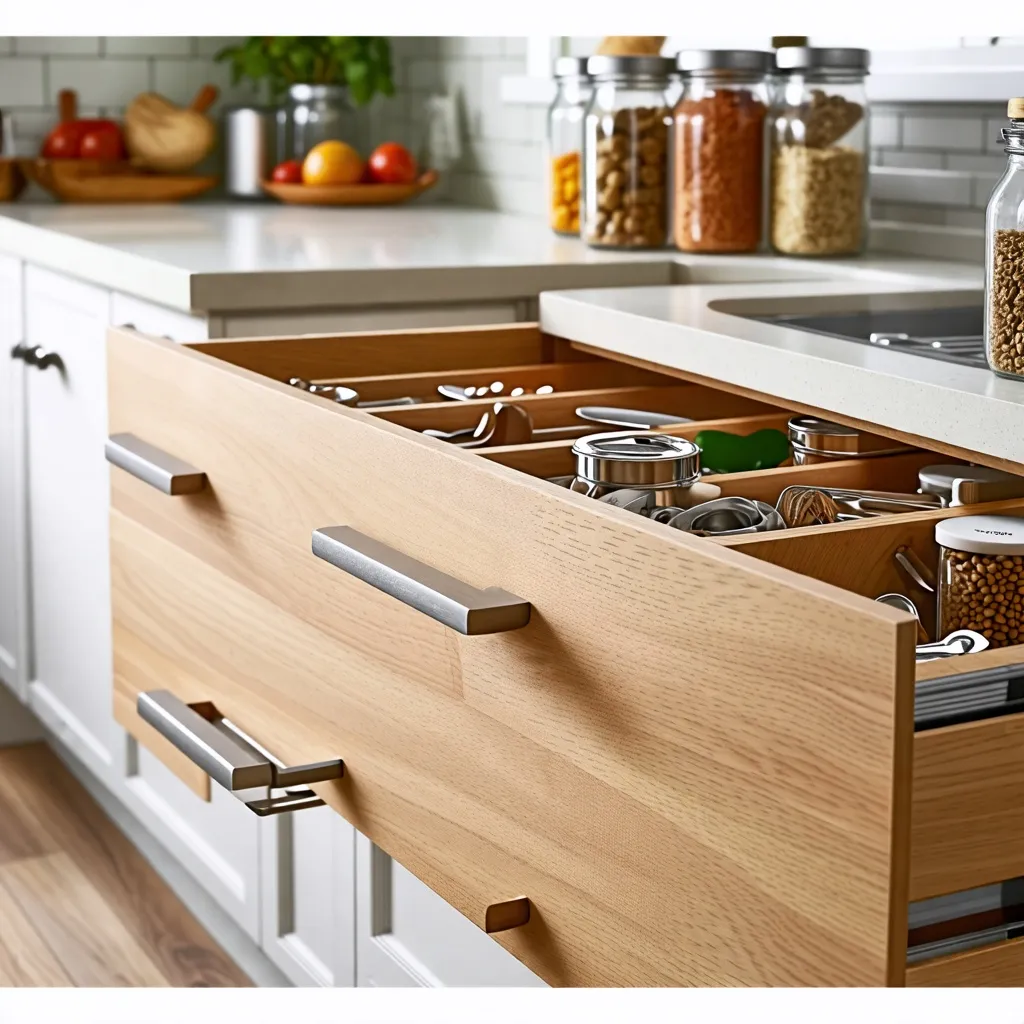 Cocina organizada y práctica con cajones de madera y accesorios.