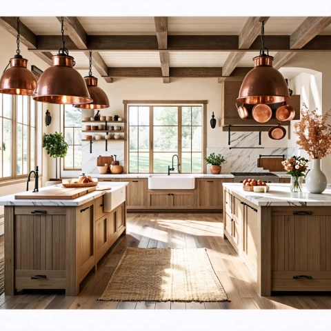 Cocina rústica y acogedora con detalles de cobre.