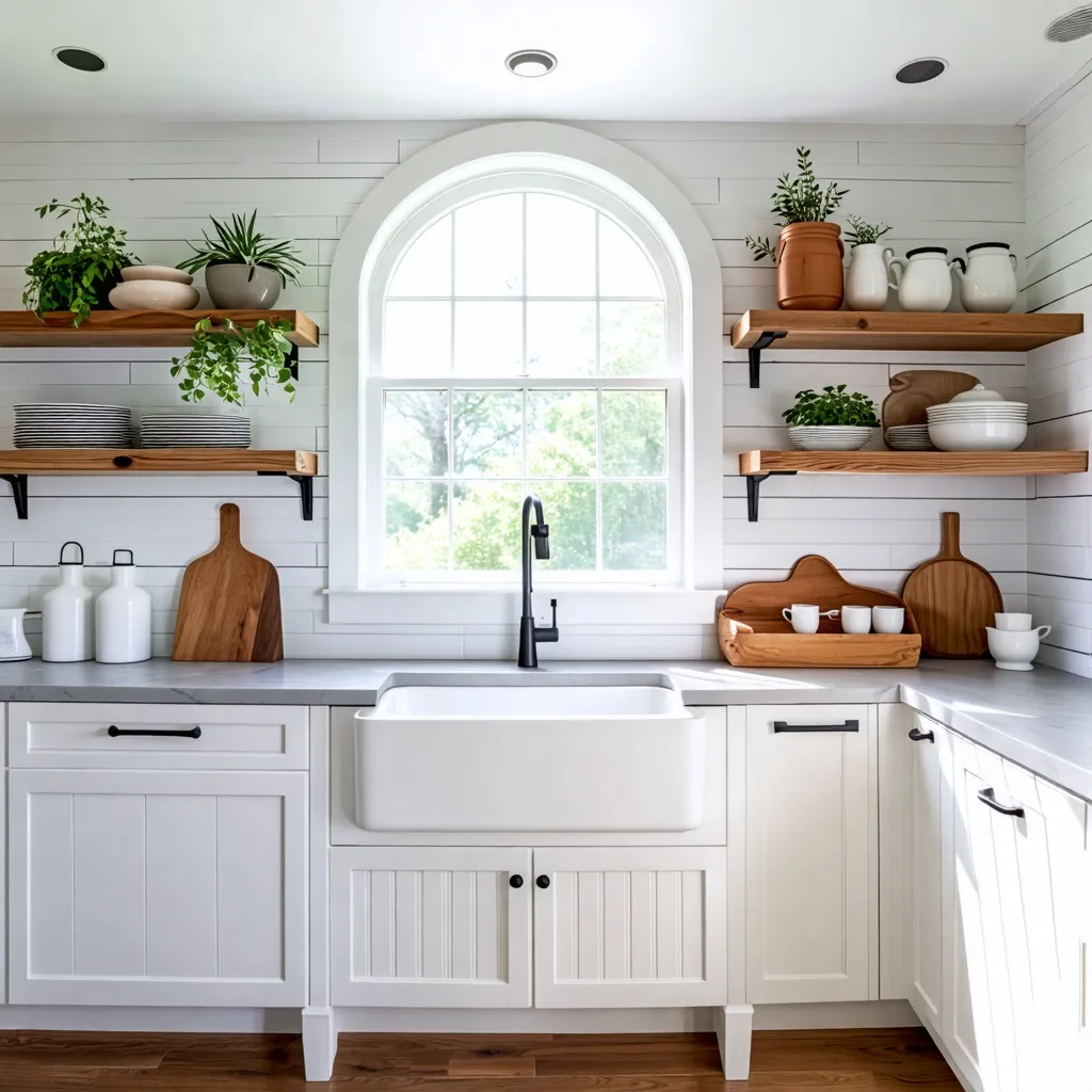 Cocina rústica y acogedora con estantes de madera y accesorios naturales.