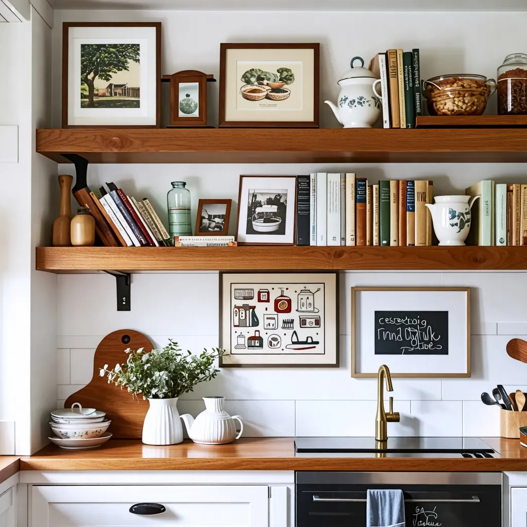 Cocina rústica y acogedora con estantes de madera y decoración.