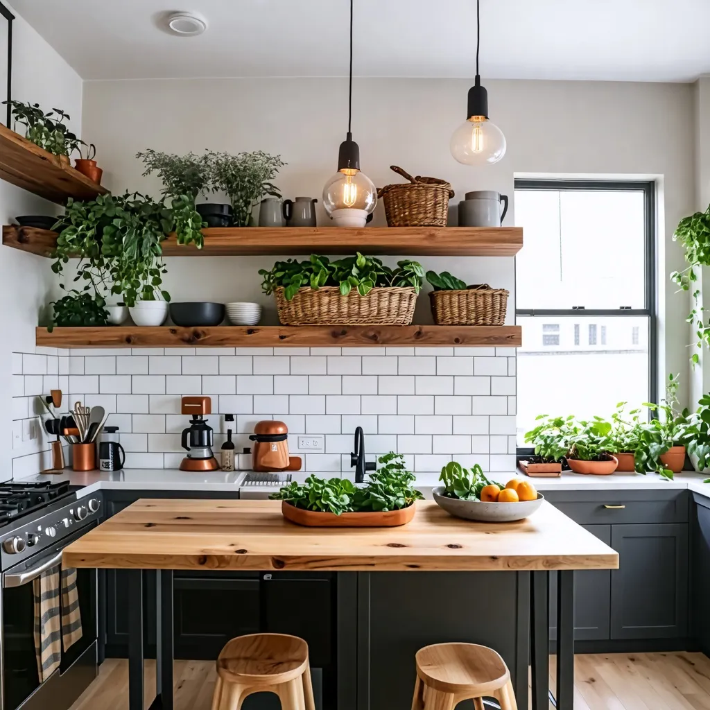 Cocina rústica y acogedora con estantes de madera y plantas.