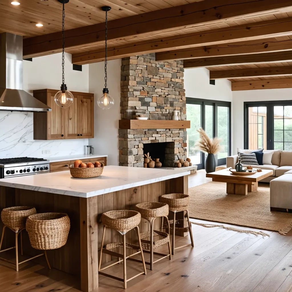 Cocina rústica con chimenea de piedra y detalles de madera.