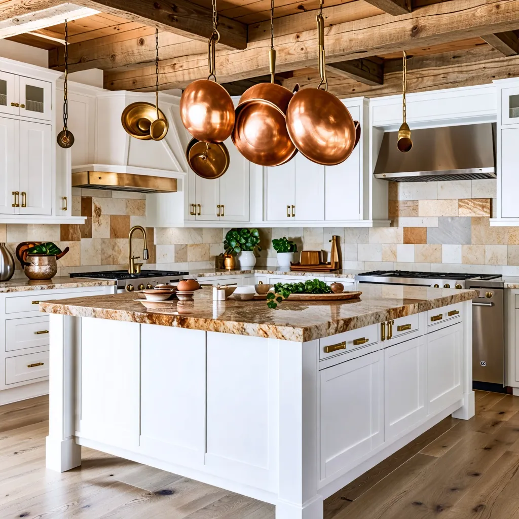Cocina rústica con detalles de cobre y madera natural.