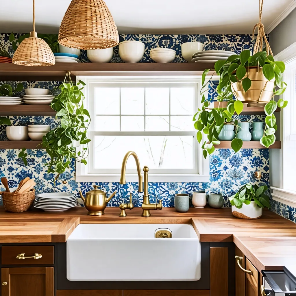 Cocina rústica y elegante con detalles naturales y toques de color.