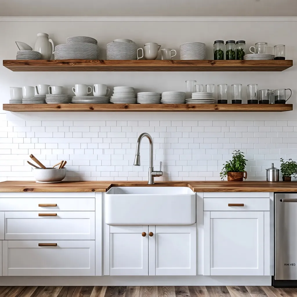 Cocina rústica y elegante con estantes de madera y azulejos blancos.