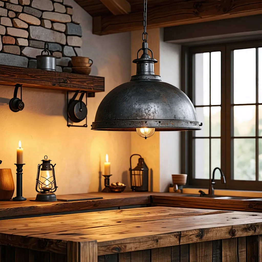 Cocina rústica con iluminación cálida y detalles de madera.