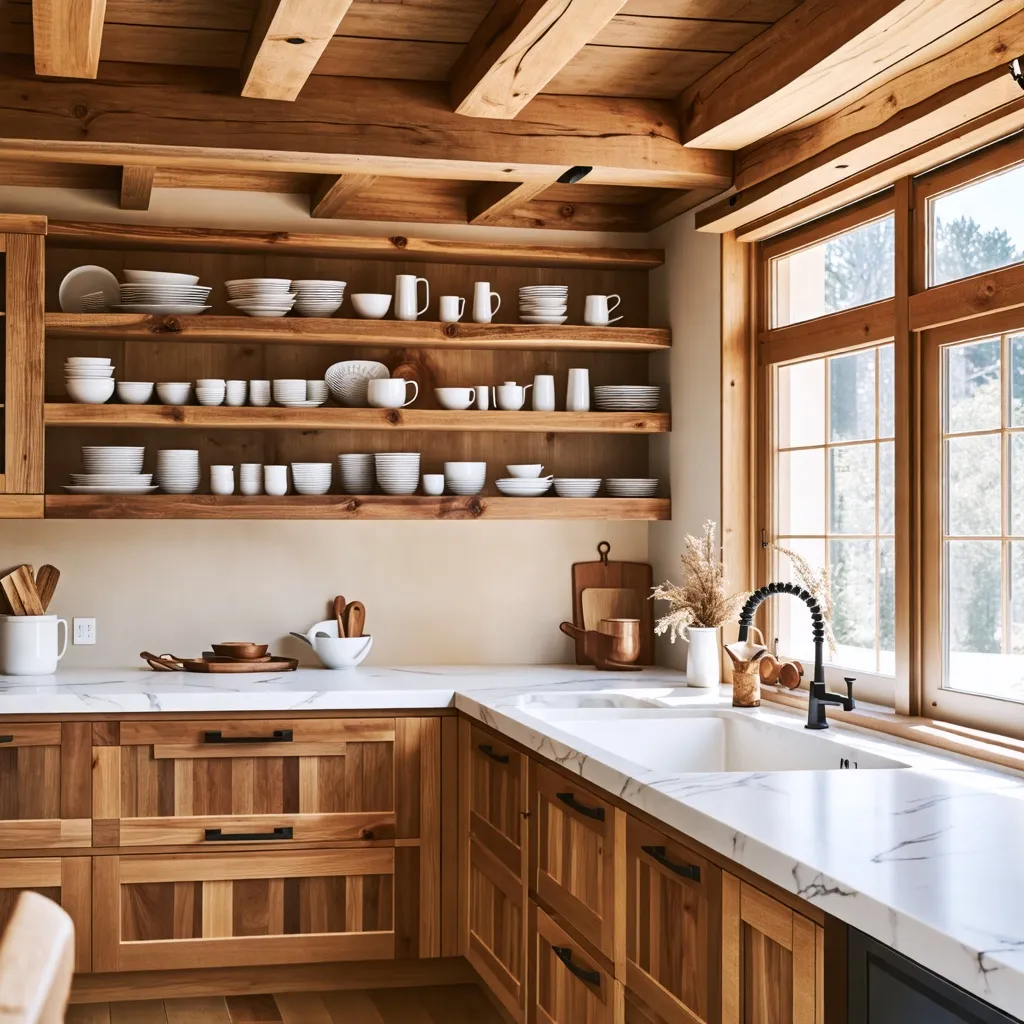 Cocina rústica con estantes de madera y detalles de cobre.