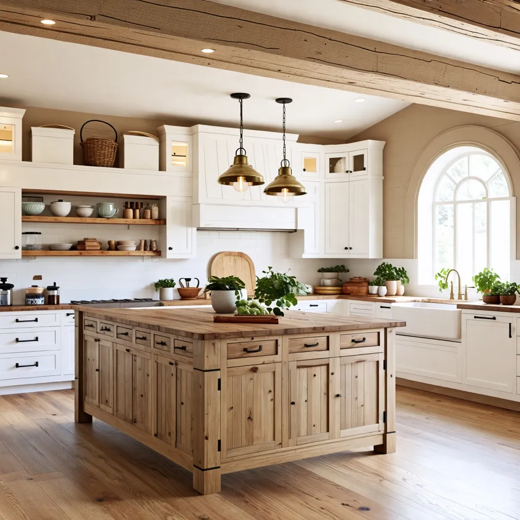 Cocina rústica con detalles de madera y plantas verdes.