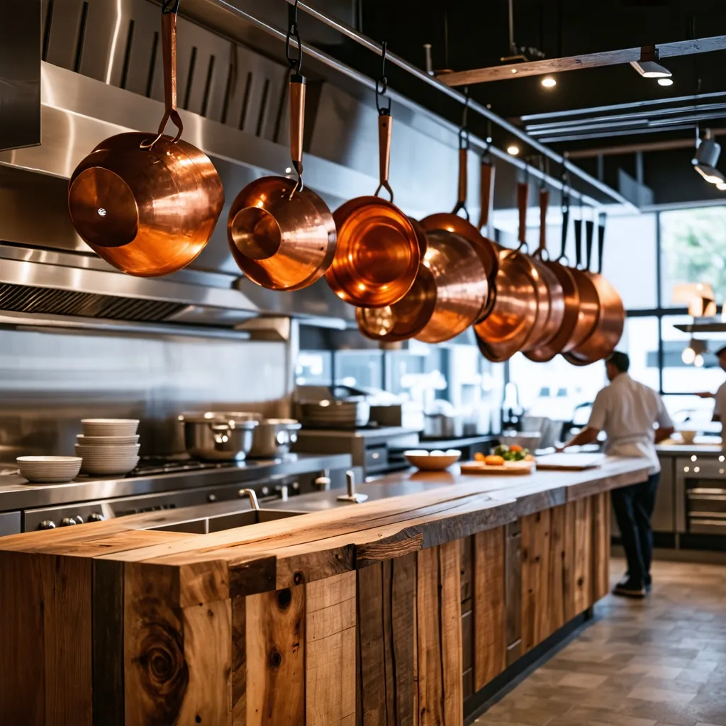 Cocina rústica con utensilios de cobre colgantes y encimera de madera.