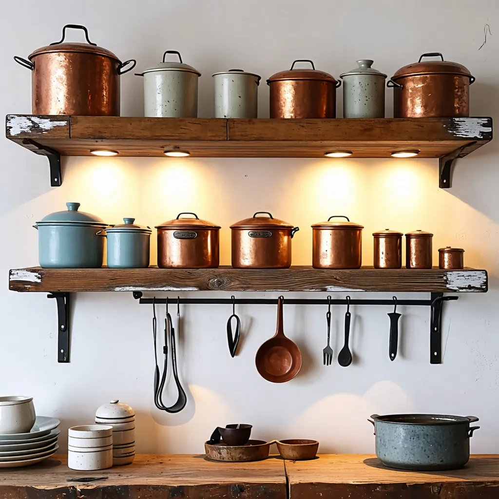 Cocina rústica con utensilios de cobre y madera.