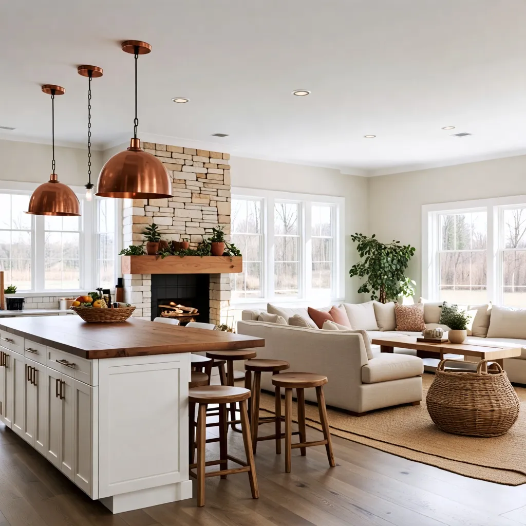 Cocina y sala de estar acogedoras con detalles rústicos.