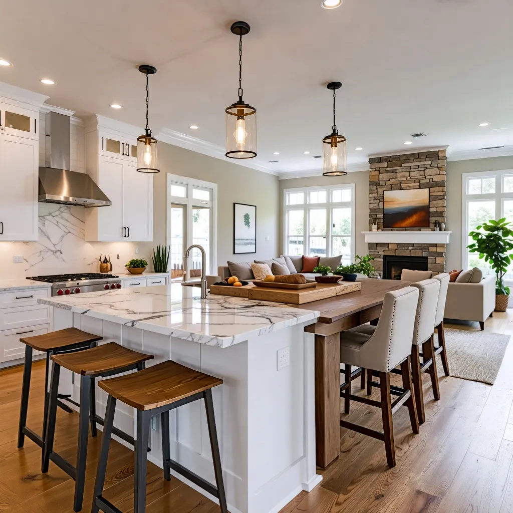 Cocina y sala de estar en elegante diseño de interiores.