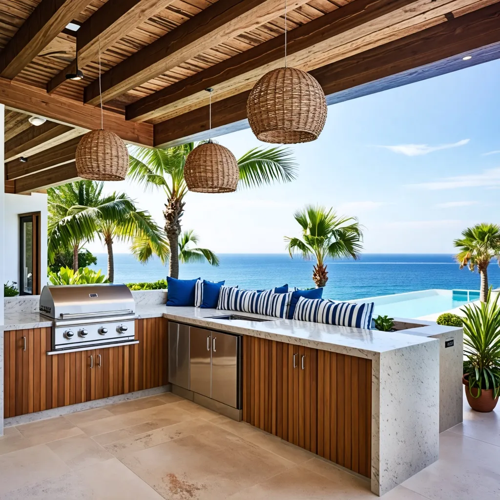 Cocina tropical con vista al mar: diseño de lujo y naturaleza.