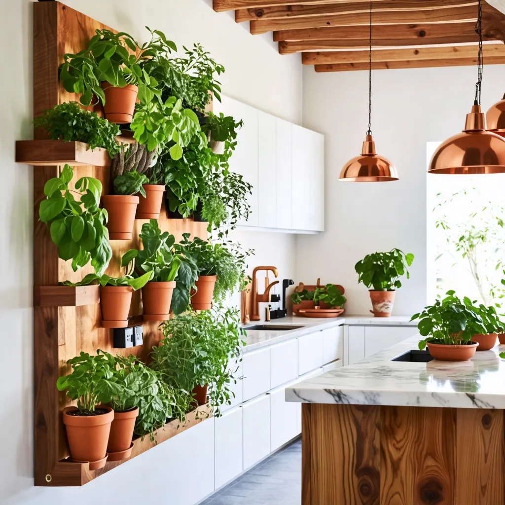 Cocina con vegetales frescos y estantes de madera, un oasis verde.
