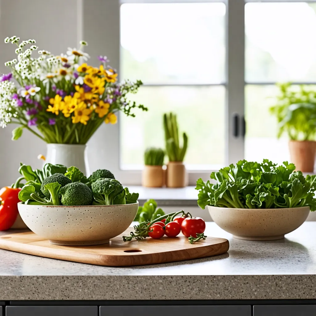 Cocina llena de vida: verduras frescas y flores alegran el espacio.