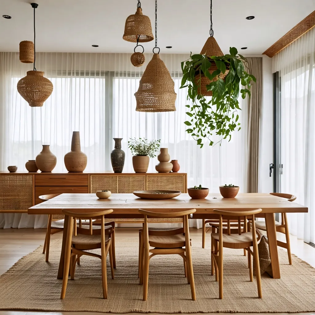 Comedor acogedor con detalles naturales y artesanales.