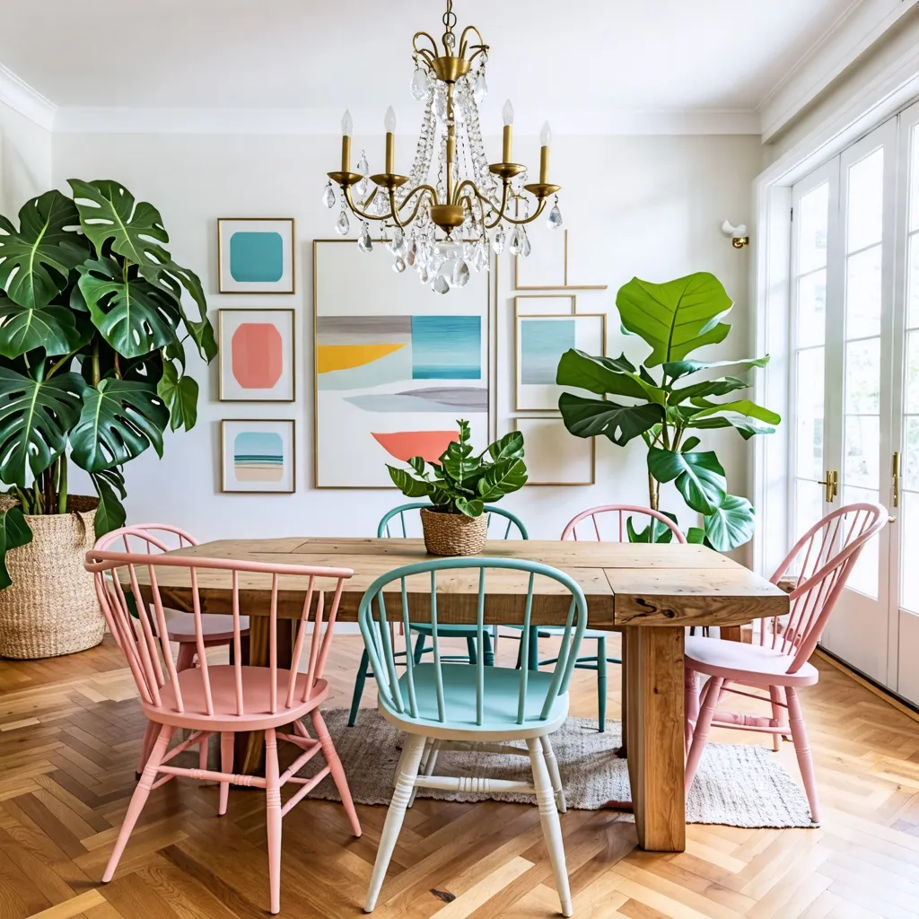 Comedor acogedor con diseño colorido y plantas tropicales.