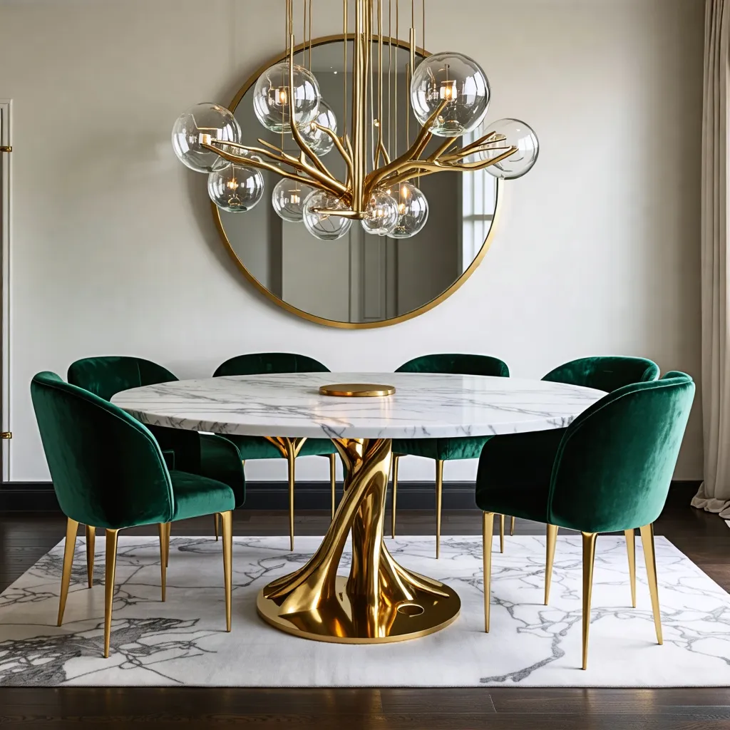 Comedor elegante con mesa de mármol y sillas de terciopelo verde.