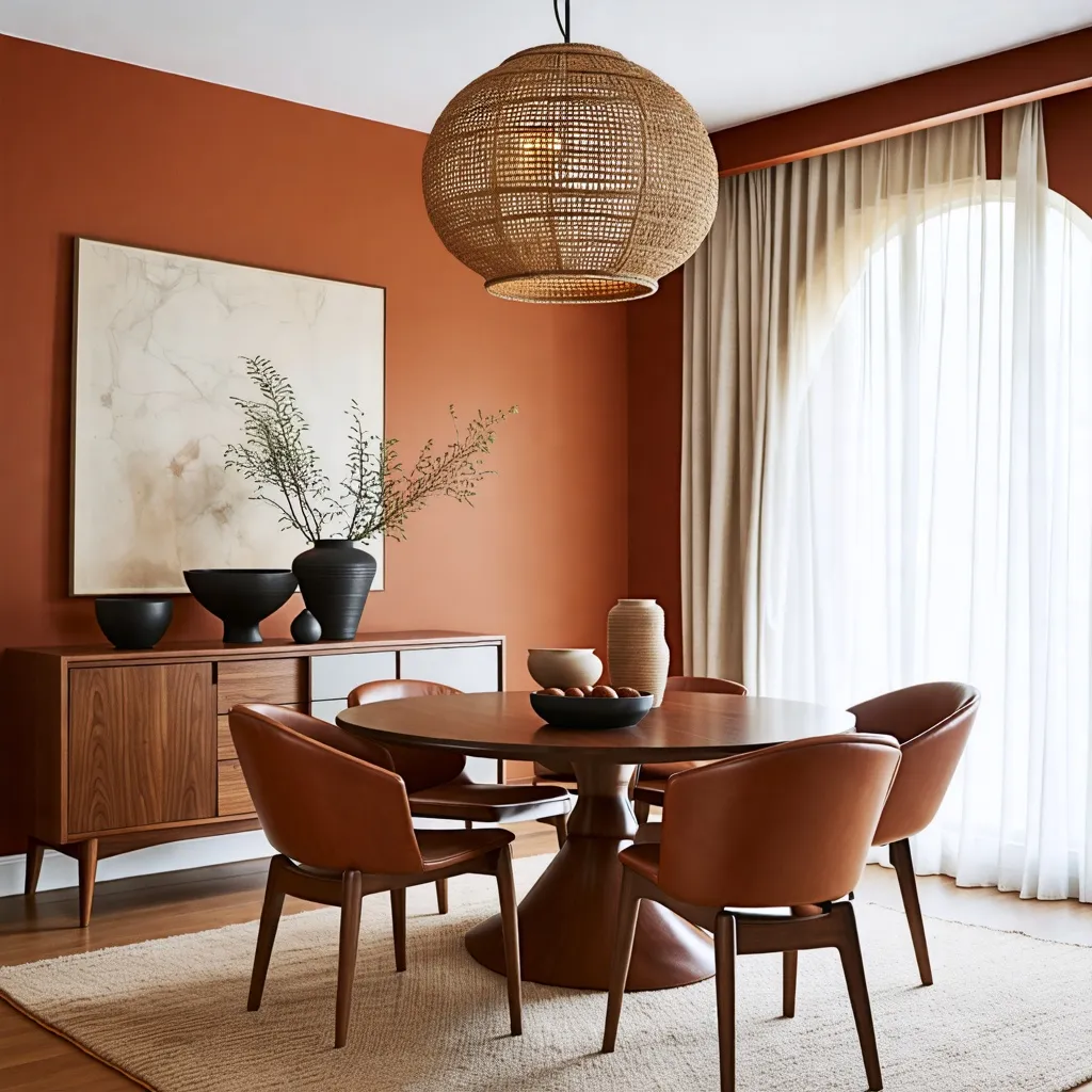 Comedor elegante con paredes terracota y muebles de madera.