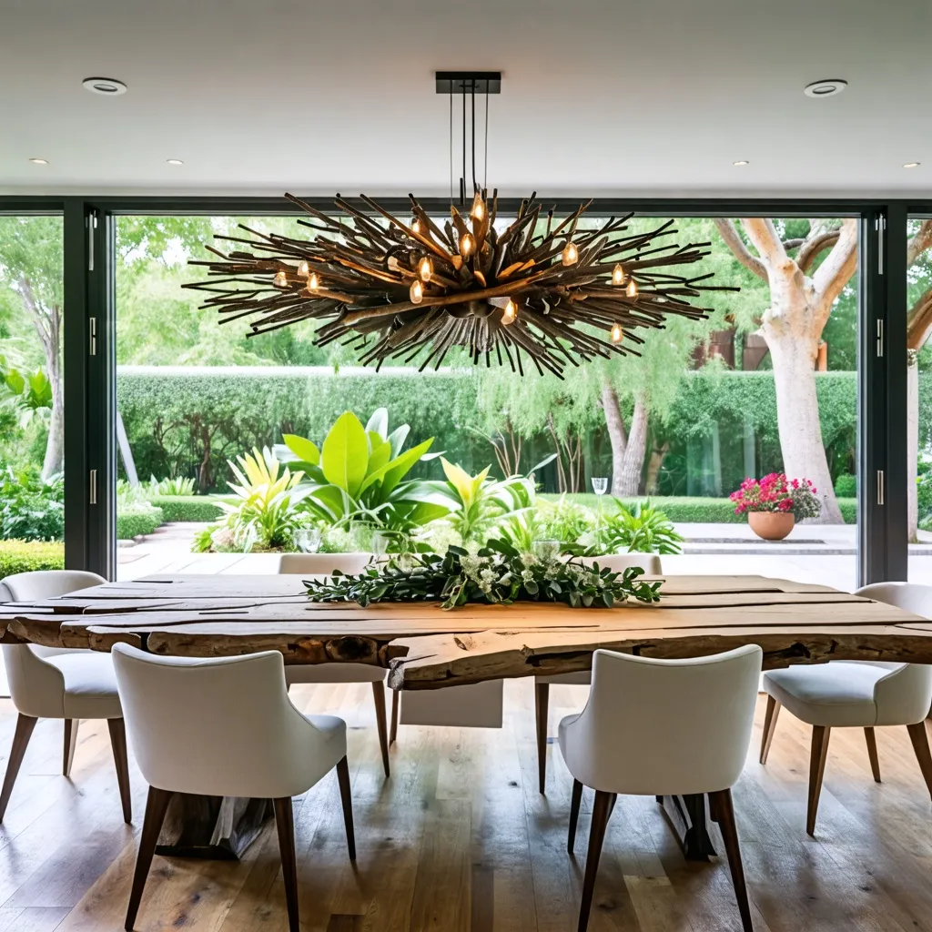 Comedor elegante con vista al jardín, iluminado por una lámpara de diseño.