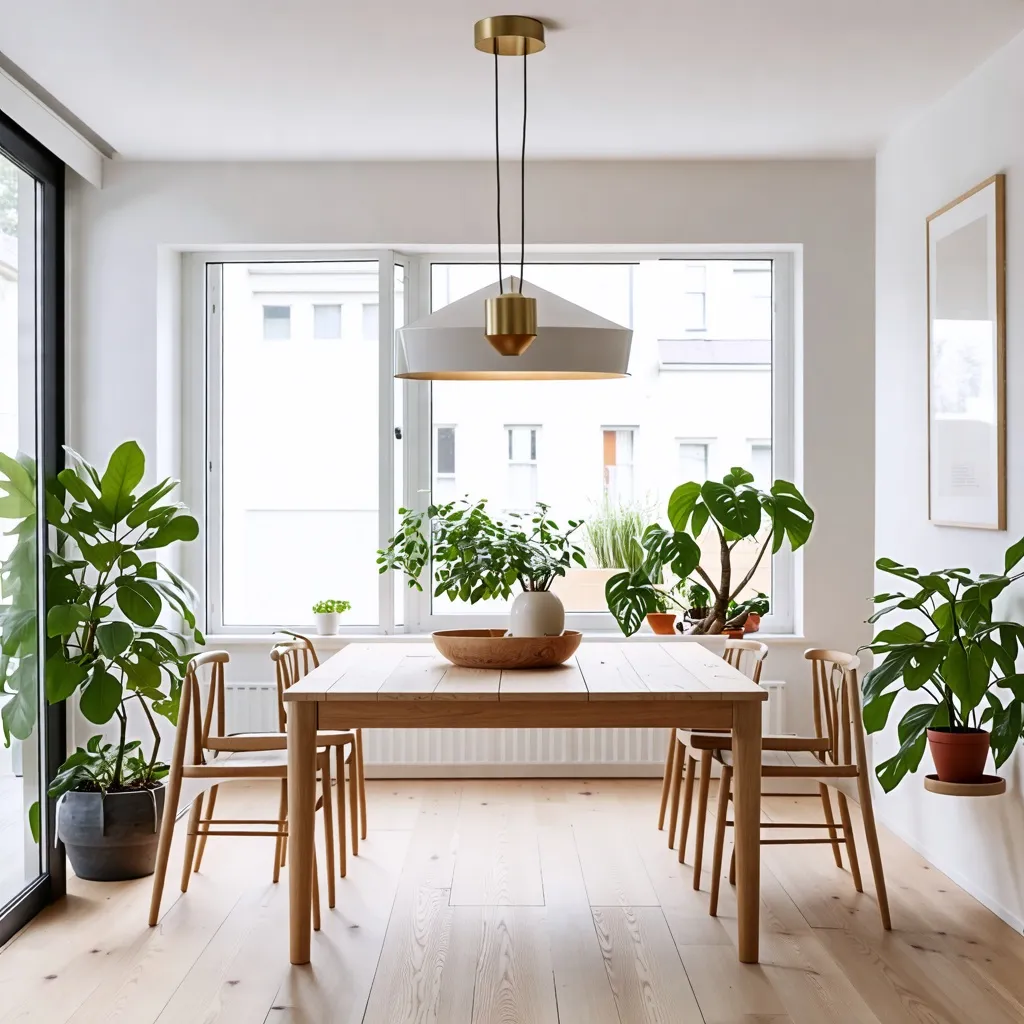 Comedor luminoso y natural con plantas y muebles de madera.