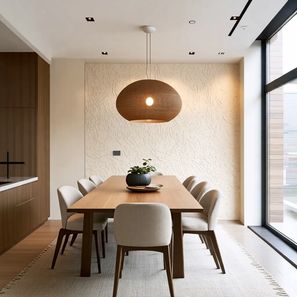Comedor moderno y acogedor con iluminación cálida y textura en la pared.