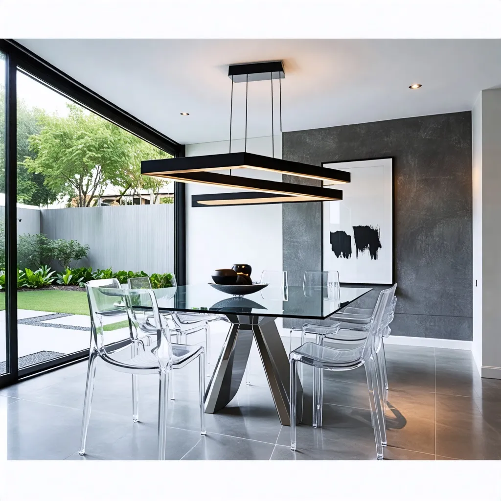 Comedor moderno y elegante con diseño minimalista y vistas al jardín.