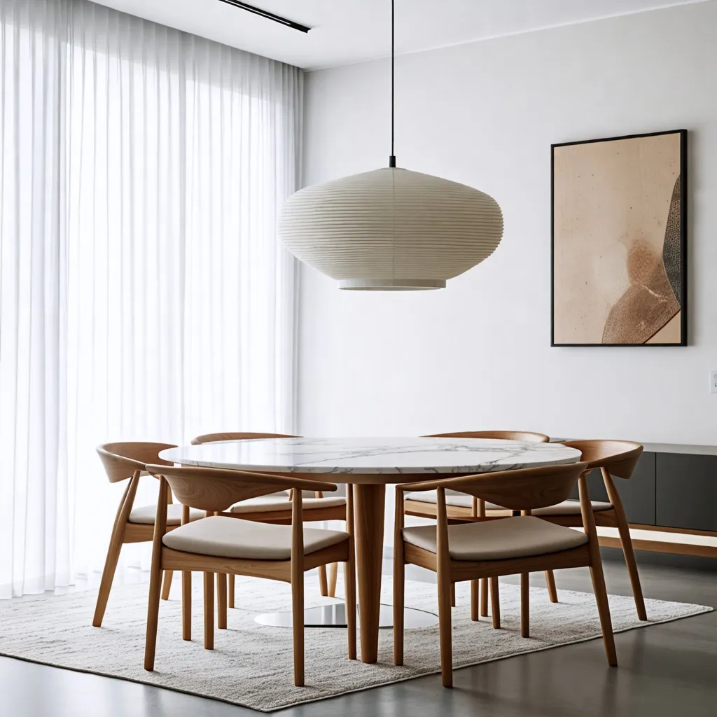 Comedor moderno y elegante con mesa de mármol y sillas de madera.