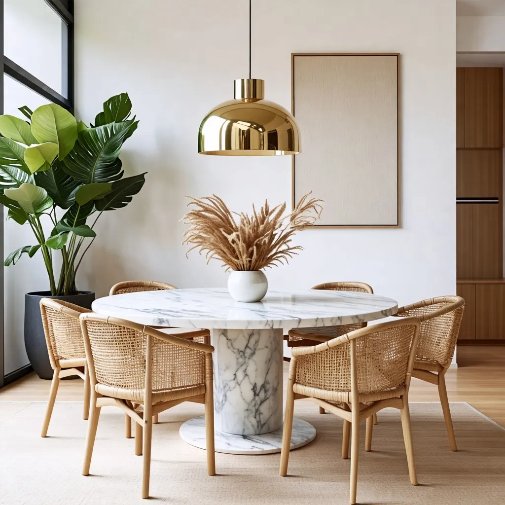 Comedor moderno y elegante con mesa de mármol y sillas de ratán.