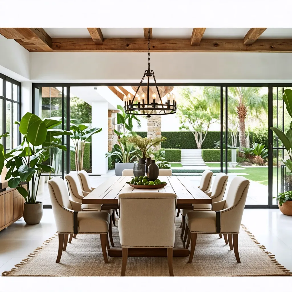 Comedor moderno y elegante con vista al jardín tropical.