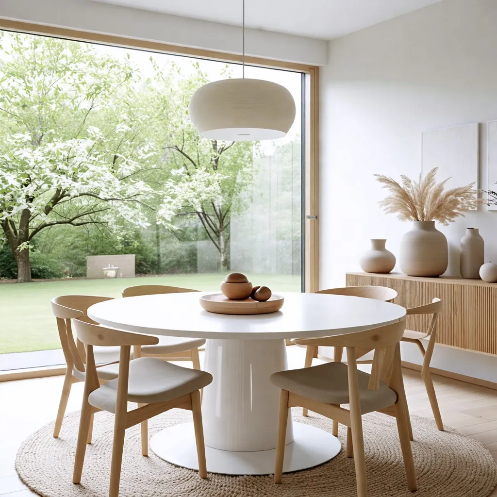 Comedor moderno con vista al jardín: elegancia y naturaleza en armonía.