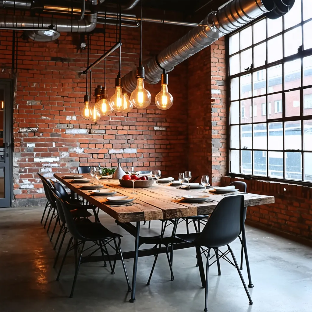 Comedor rústico y acogedor con iluminación cálida y detalles industriales.